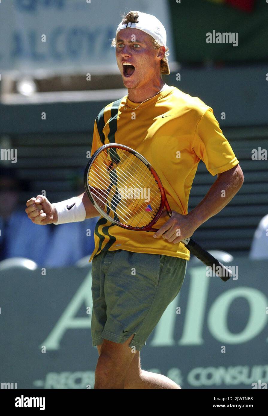 Australian Lleyton Hewitt celebrates winning the first rubber of the Davis Cup Final at Rod Laver Arena today