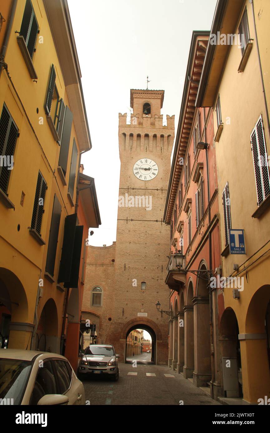 Castel San Pietro Terme, Italy. View of the clock tower, part of the