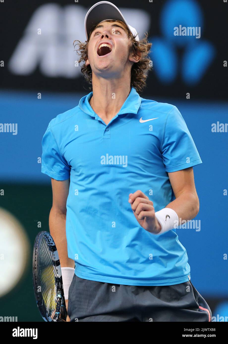Jordan Thompson (Australia) reacts after losing a point against Jerzy  Janowicz (Poland) on day one of the Australian Open tennis tournament in  Melbourne on Monday, Jan. 13, 2014. (AAP Image/Dave Crosling) NO