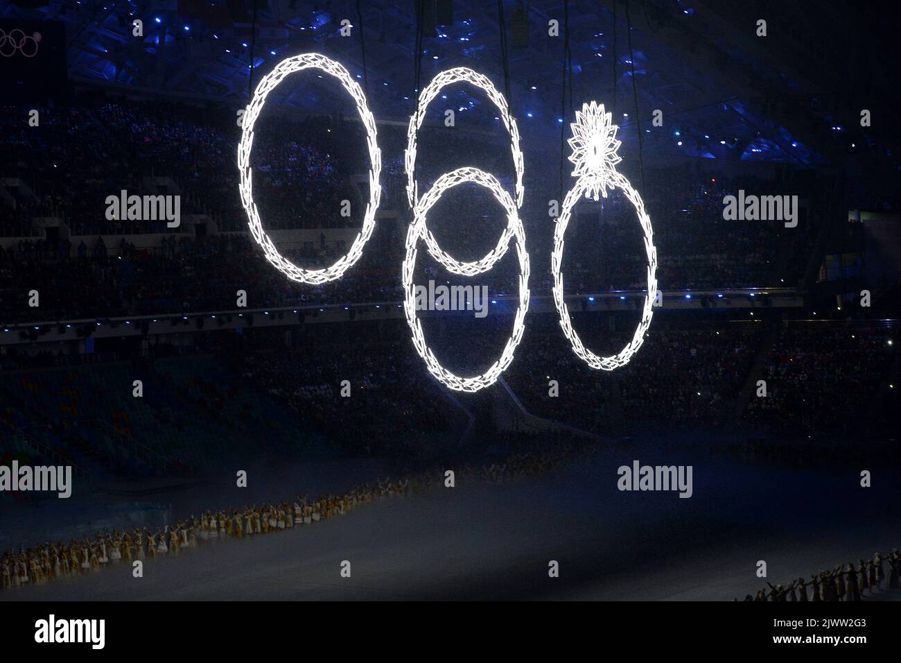 Lights form the shape of the Olympic rings during the opening ceremony ...