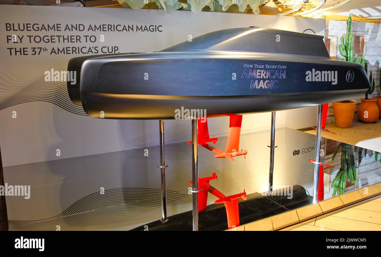 Cannes, France - September 05, 2022: Sanlorenzo 'Unprecedented Sustainability' Press Conference at the Cannes Yachting Festival, Bluegame and American Magic at the 37th America s Cup. Yachts, Yachten, Mandoga Media Germany Stock Photo