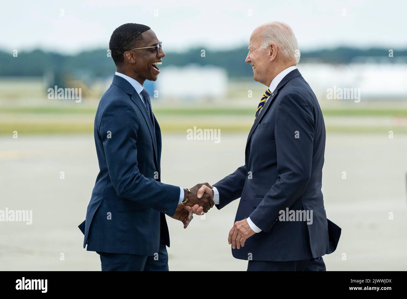 President Joe Biden disembarks Air Force One at Cleveland Hopkins International Airport in Cleveland, Ohio Wednesday, July 6, 2022, and is greeted by Cleveland Mayor Justin Bibb. (Official White House Photo by Adam Schultz) Stock Photo