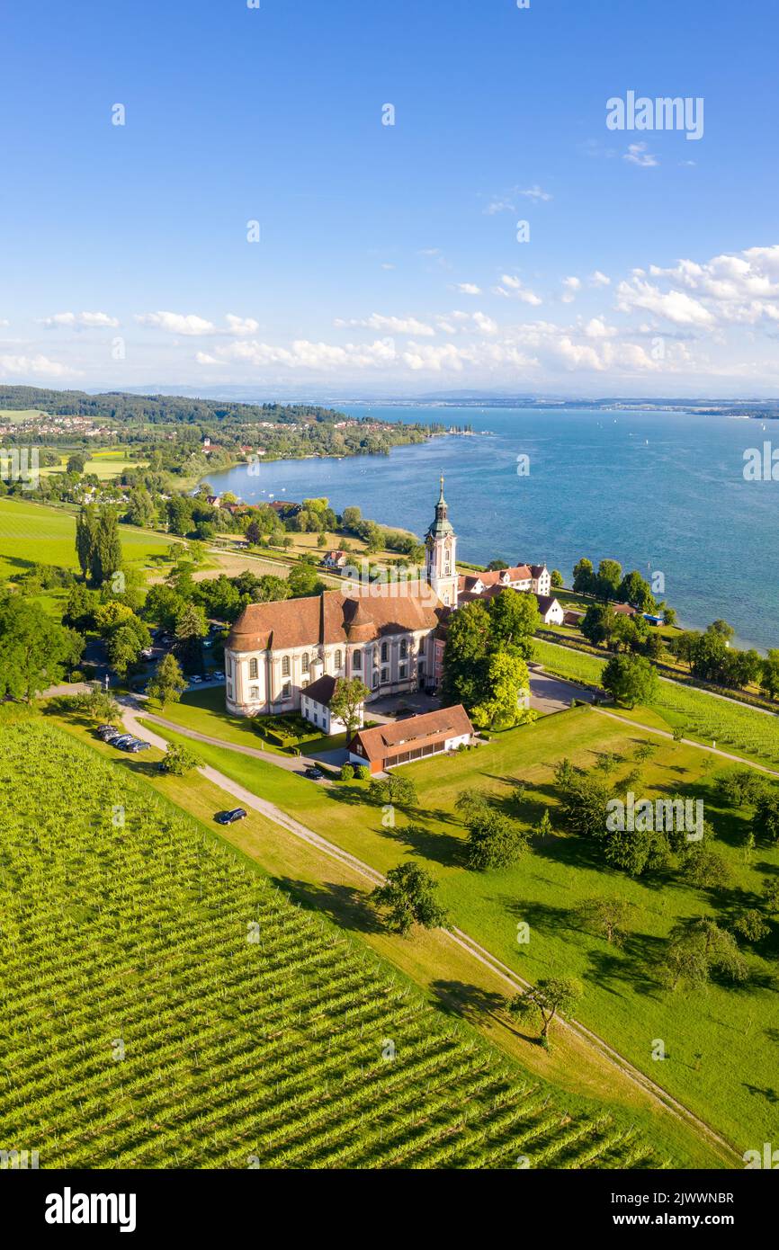 Cistercians monastery Birnau at Lake Constance aerial view photo portrait format baroque pilgrimage church in Germany Stock Photo
