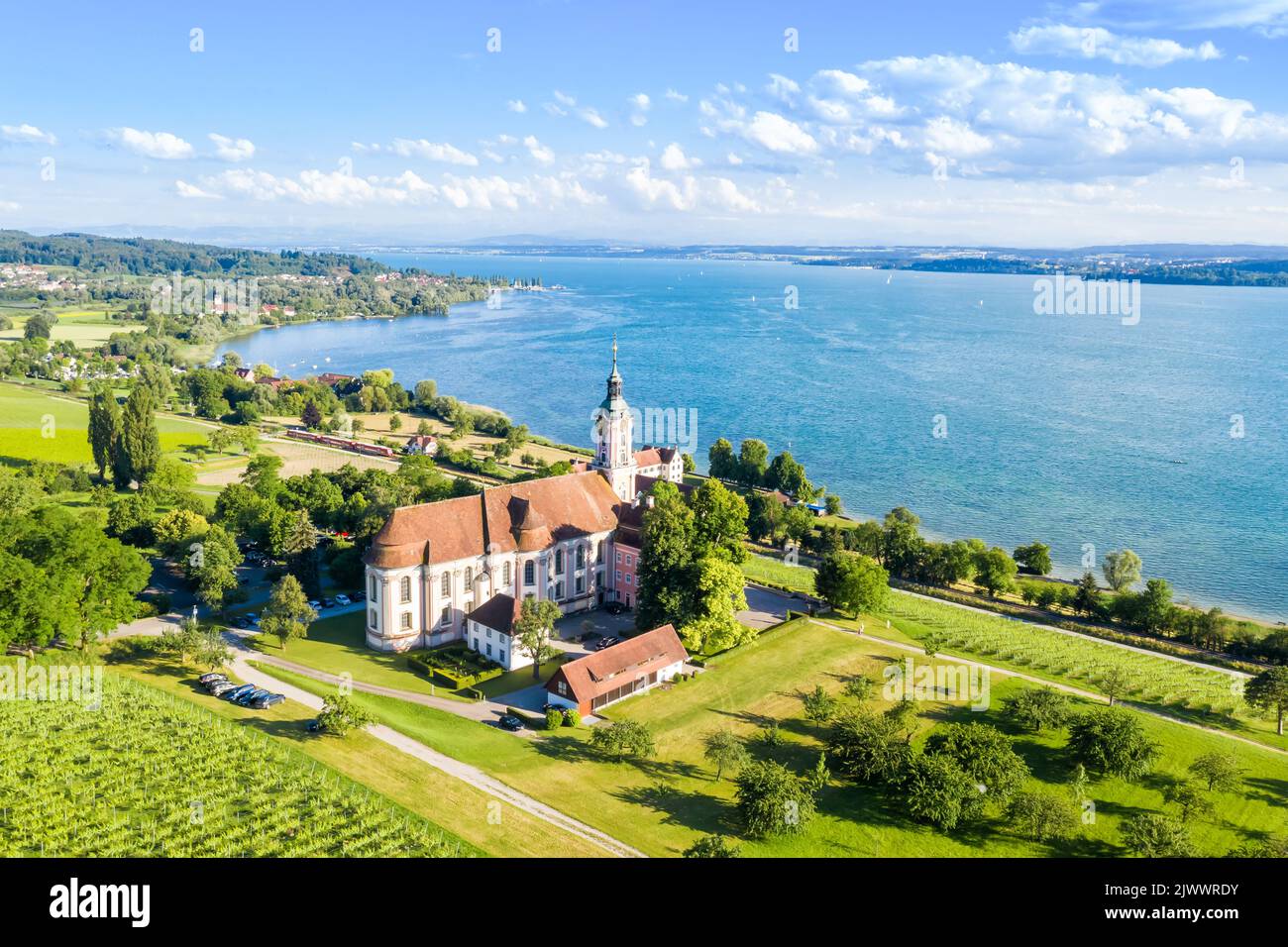 Cistercians monastery Birnau at Lake Constance aerial view photo baroque pilgrimage church in Germany Stock Photo