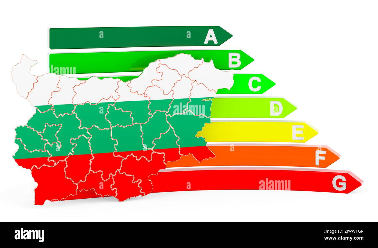 Bulgarian map with energy efficiency rating, 3D rendering isolated on ...