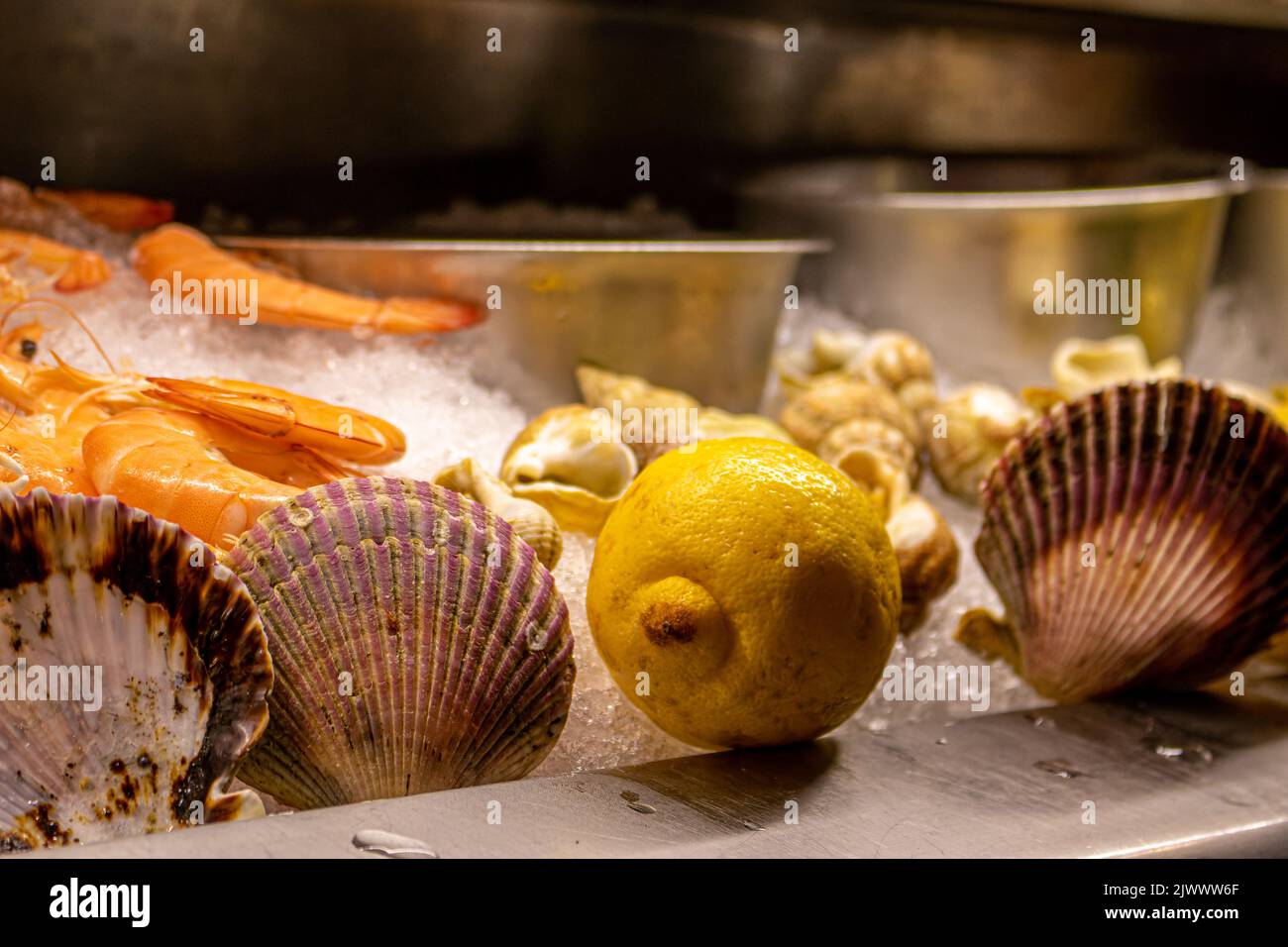 Seafood fridge in the restaurant Stock Photo Alamy