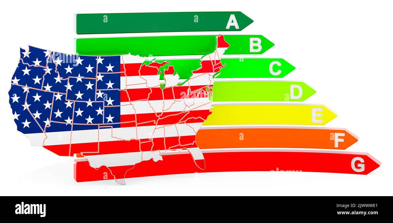 The United States map with energy efficiency rating, 3D rendering isolated on white background Stock Photo