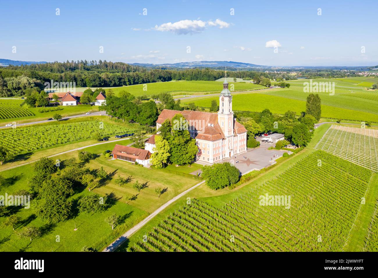 Cistercians monastery Birnau at Lake Constance aerial view photo baroque pilgrimage church in Germany Stock Photo