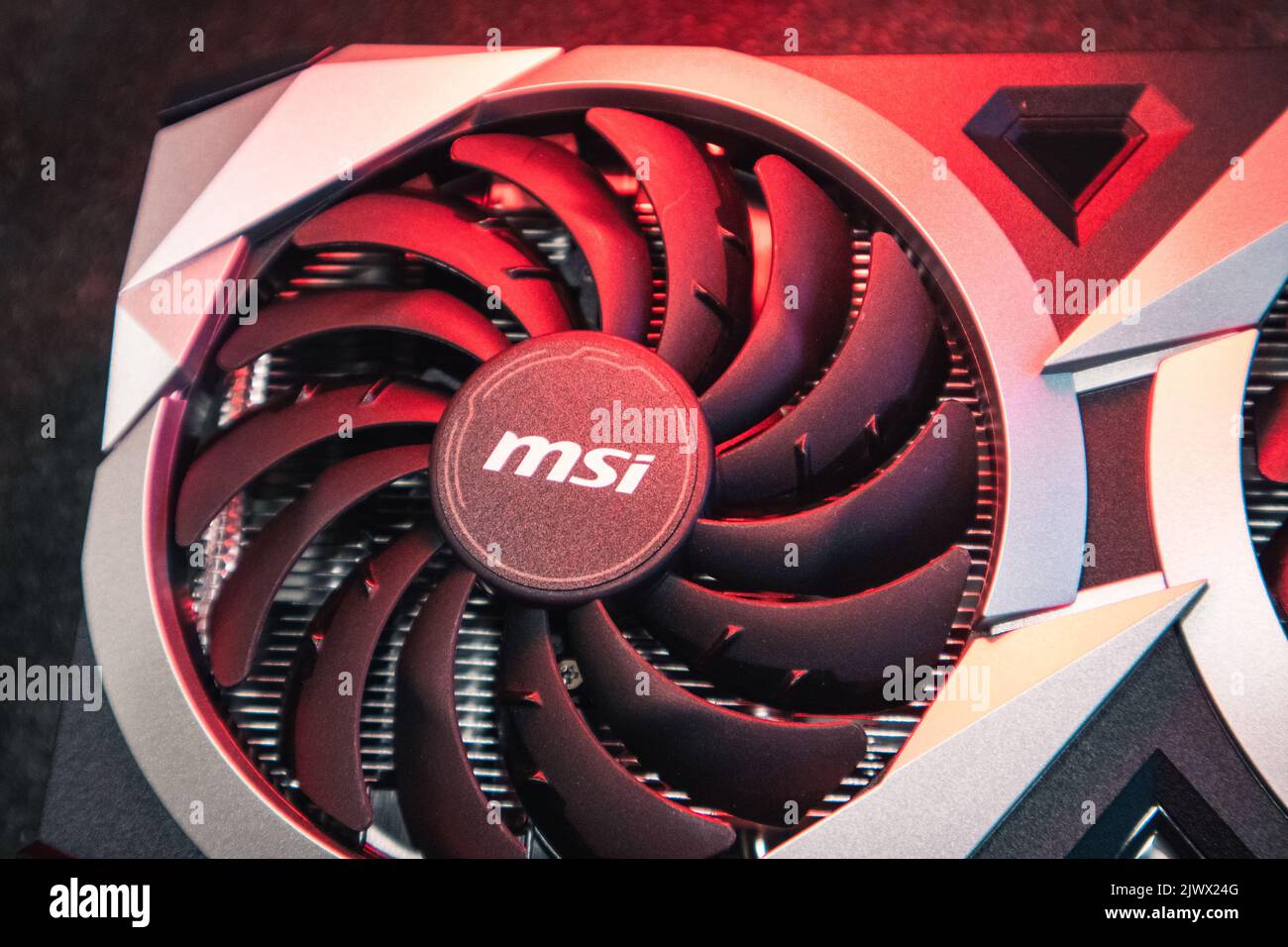 Kyiv, Ukraine - August 19, 2022: Cooler in red light, MSI graphics card  with AMD Radeon RX6700XT chipset, close-up with selective focus, PC  equipment Stock Photo - Alamy