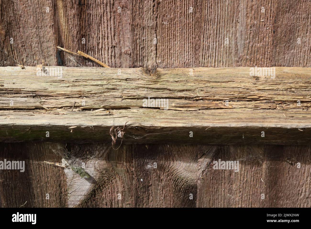 Dilapidated old wooden fence showing brown weathered wood grain detail Stock Photo