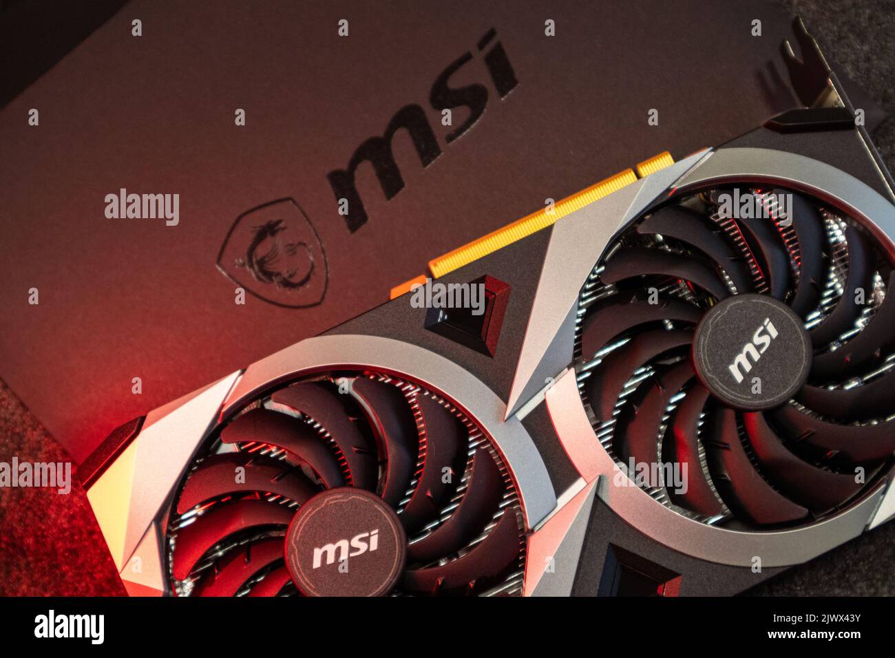 Kyiv, Ukraine - August 19, 2022: MSI MECH 2X graphics video card with AMD  Radeon RX6700XT chipset in red light, close-up top view Stock Photo - Alamy