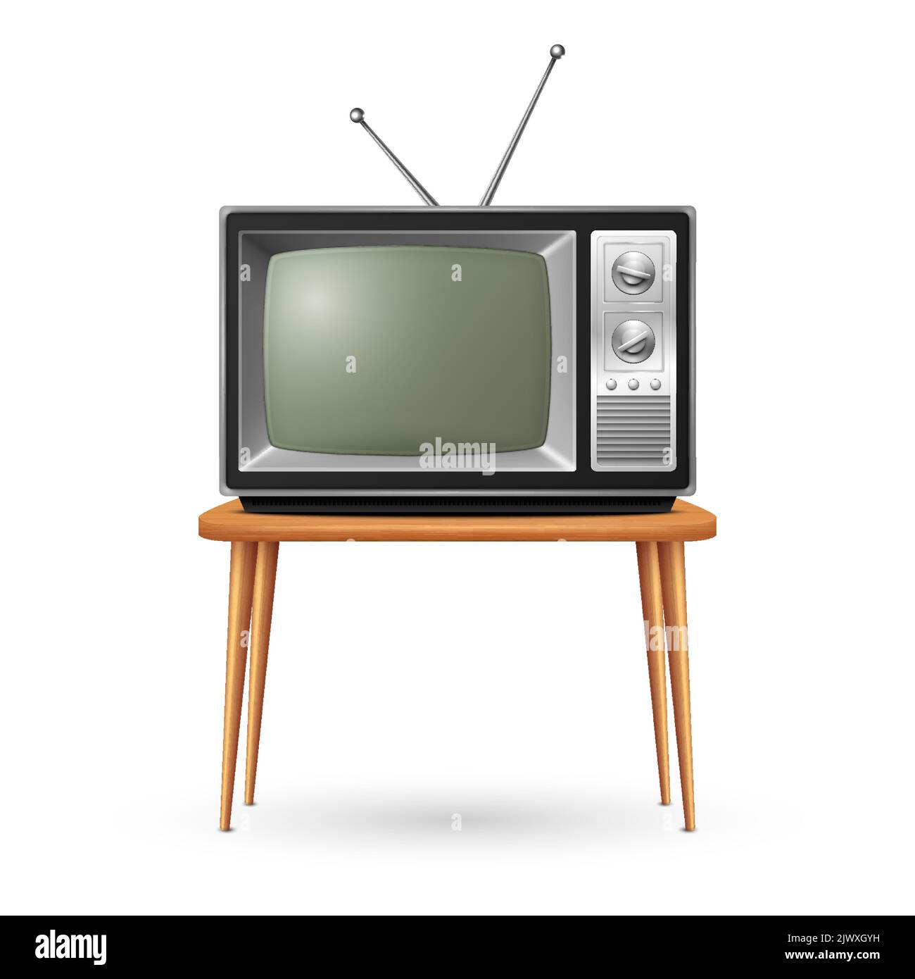 Vector 3d Realistic Retro TV Receiver on a Wooden Table Stand Closeup Isolated on White. Vintage TV Set. Television, Front View Stock Vector