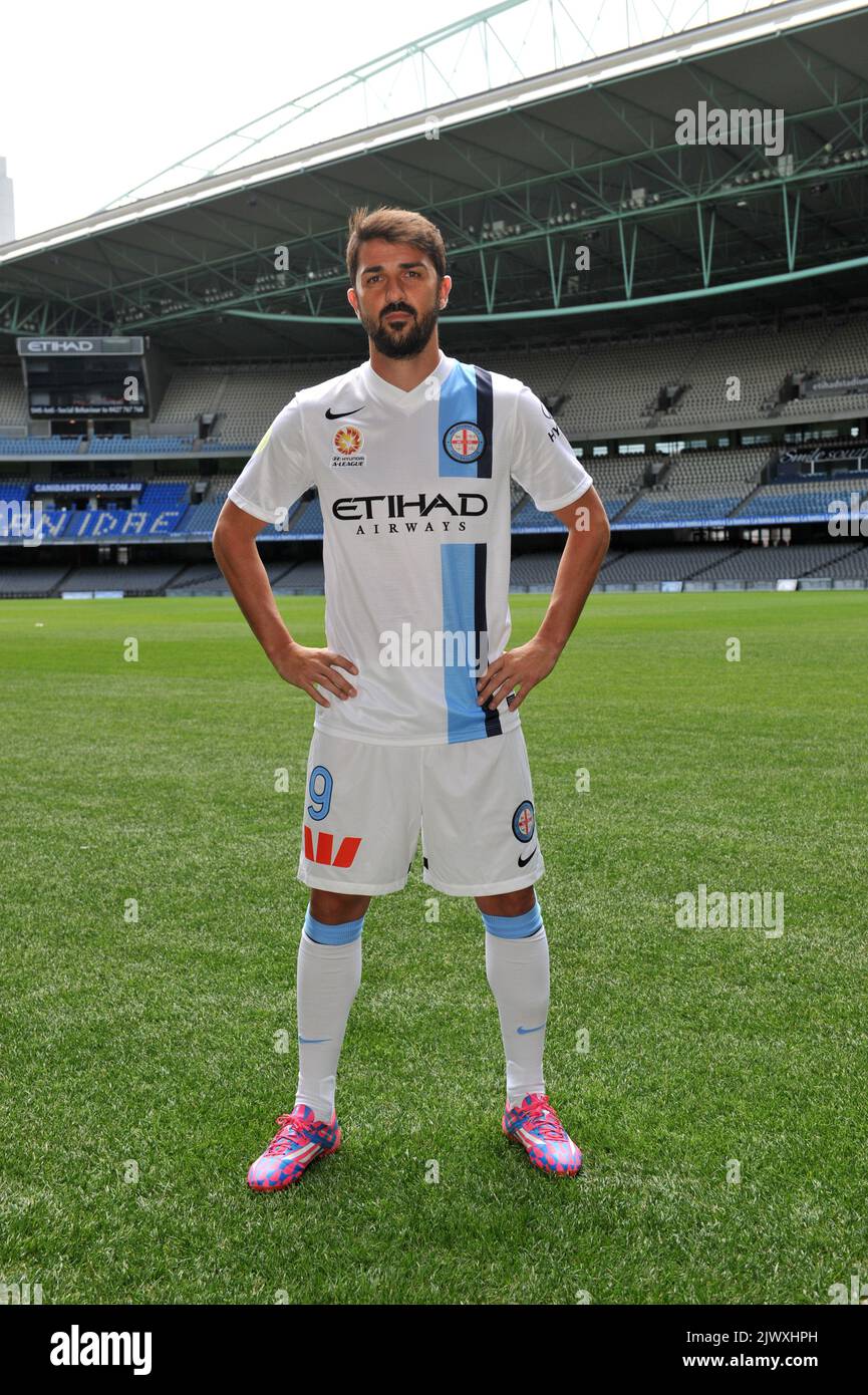 Melbourne City Football Club signing David Villa poses for photos at the  A-League season launch at Etihad Stadium in Melbourne, Tuesday, Oct. 10,  2104. The season kicks off this Friday night. (AAP