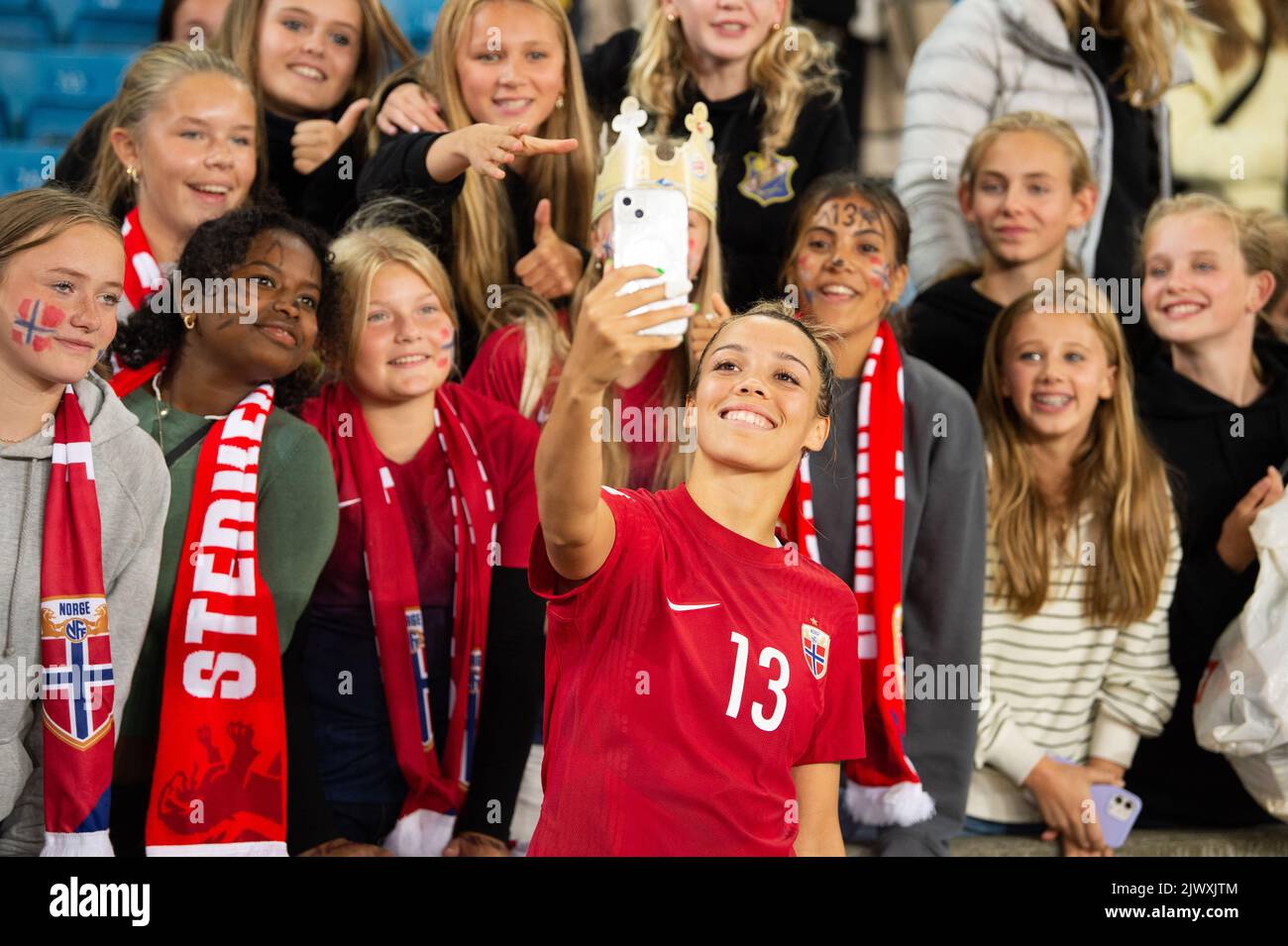 Oslo, Norway. 06th Sep, 2022. Celin Bizet Ildhusoy (13) of Norway seen with the fans after the Women's World Cup Qualifier between Norway and Albania at Ullevaal Stadion in Oslo. (Photo Credit: Gonzales Photo/Alamy Live News Stock Photo