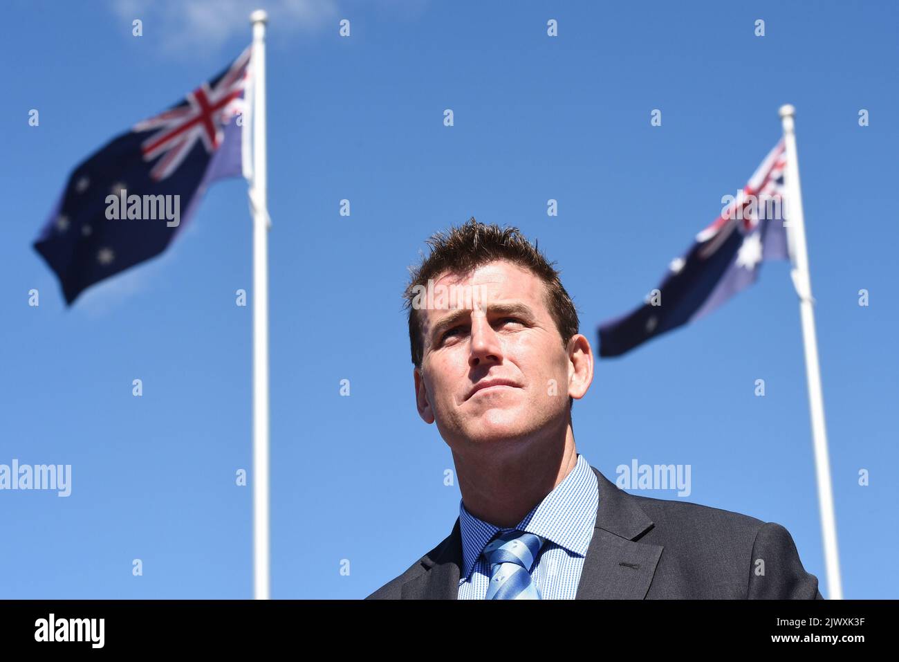 Victoria Cross recipient Ben Roberts-Smith attends the arrival of the Wandering Warriors at the Australian War Memorial in Canberra on Thursday, Oct. 16, 2014. The Australian War Memorial marked the finish of the Wandering Warriors' 1300km trek from Brisbane to Canberra. (AAP Image/Lukas Coch) Stock Photo