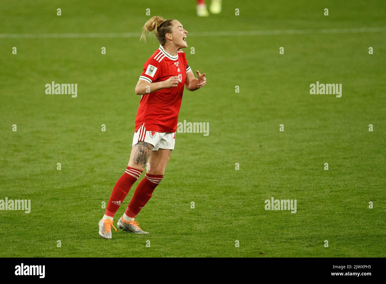 Cardiff, UK. 6th Sep, 2022. Rachel Rowe of Wales reacts after going close during the Wales v Slovenia Women's World Cup Qualification match. Credit: Gruffydd Thomas/Alamy Live News Stock Photo