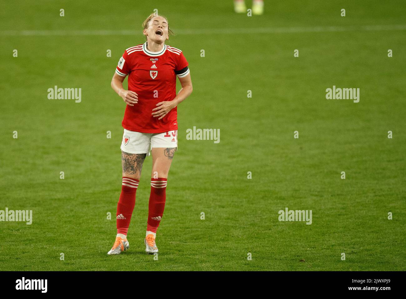 Cardiff, UK. 6th Sep, 2022. Rachel Rowe of Wales reacts after going close during the Wales v Slovenia Women's World Cup Qualification match. Credit: Gruffydd Thomas/Alamy Live News Stock Photo