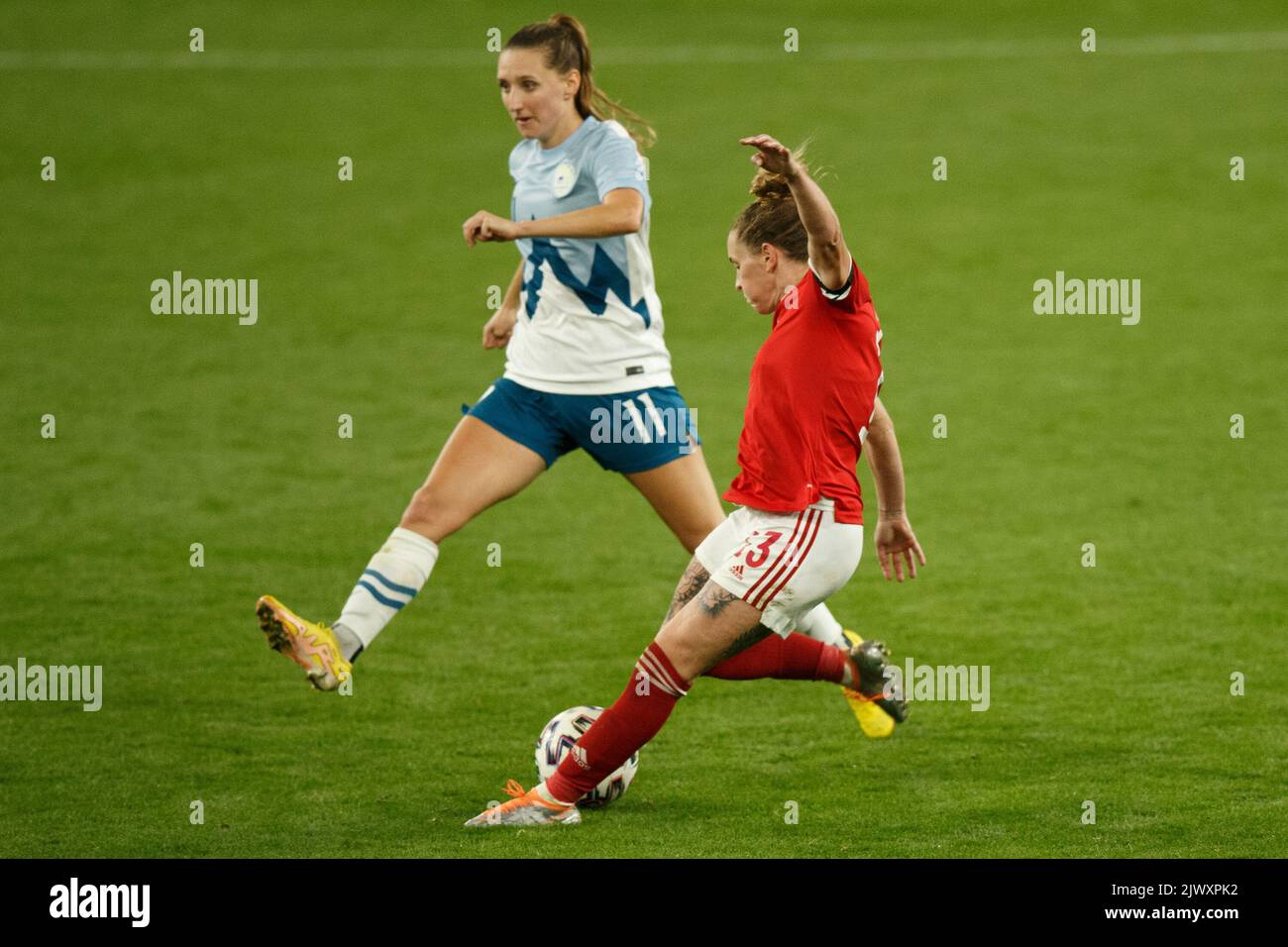 Cardiff, UK. 6th Sep, 2022. Gemma Evans of Wales shoots during the Wales v Slovenia Women's World Cup Qualification match. Credit: Gruffydd Thomas/Alamy Live News Stock Photo
