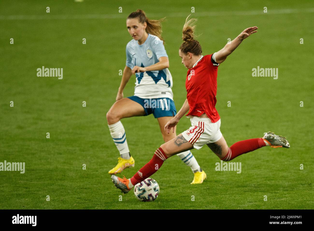 Cardiff, UK. 6th Sep, 2022. Gemma Evans of Wales shoots during the Wales v Slovenia Women's World Cup Qualification match. Credit: Gruffydd Thomas/Alamy Live News Stock Photo