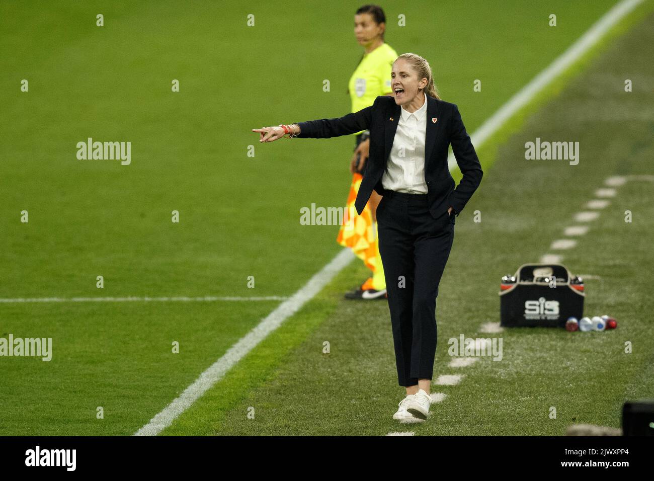 Cardiff, UK. 6th Sep, 2022. Wales manager Gemma Grainger gestures during the Wales v Slovenia Women's World Cup Qualification match. Credit: Gruffydd Thomas/Alamy Live News Stock Photo