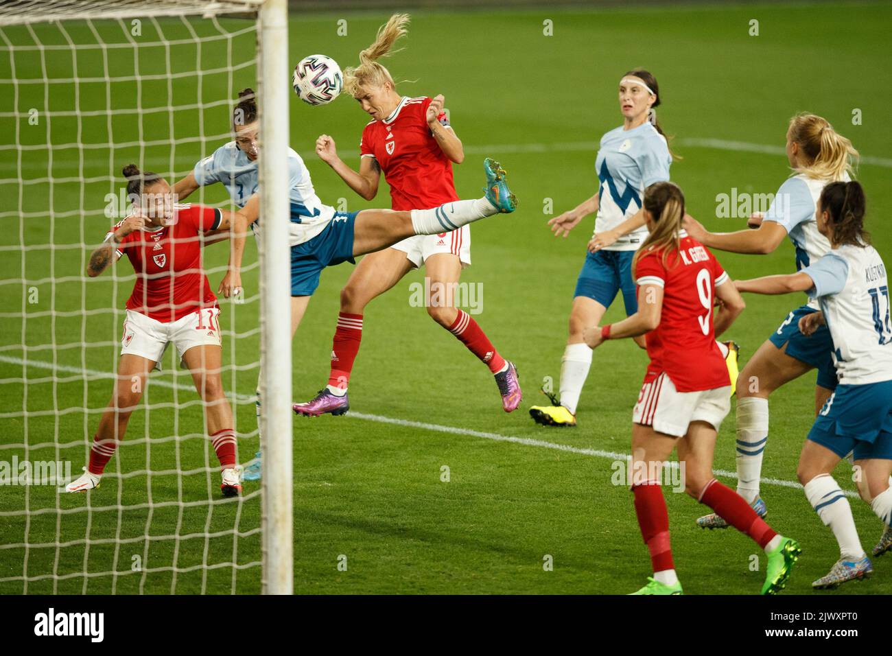 Cardiff, UK. 6th Sep, 2022. Gemma Evans of Wales heads towards goal during the Wales v Slovenia Women's World Cup Qualification match. Credit: Gruffydd Thomas/Alamy Live News Stock Photo