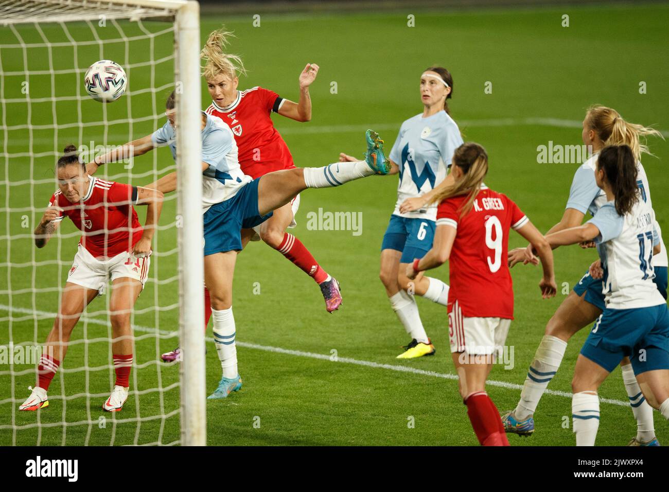 Cardiff, UK. 6th Sep, 2022. Gemma Evans of Wales heads towards goal during the Wales v Slovenia Women's World Cup Qualification match. Credit: Gruffydd Thomas/Alamy Live News Stock Photo