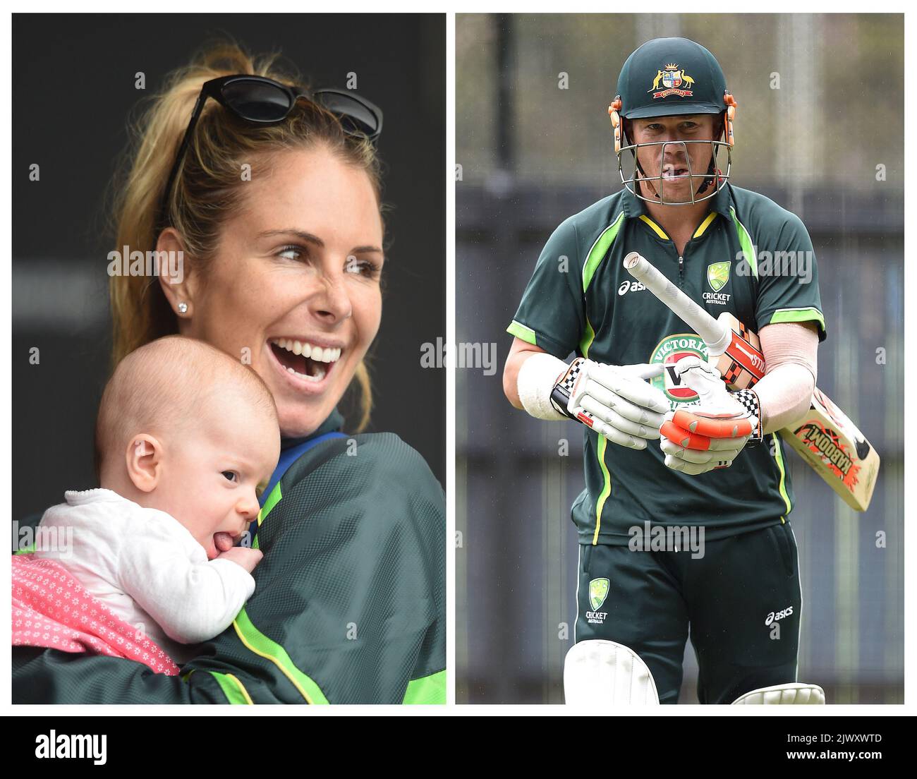 This photo combination shows Candice Falzone holding 3 month old baby Ivy- Mae Warner as she watches fiance, Australian cricketer David Warner (right)  during the Australian team training session at the Adelaide Oval