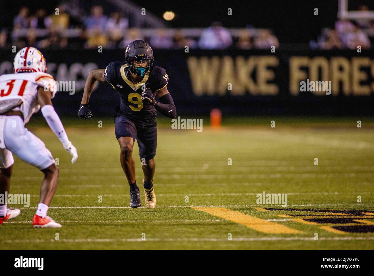 September 1, 2022: Virginia Military Institute Keydets defensive back Noel Innocent (31) lines up against Wake Forest Demon Deacons wide receiver A.T. Perry (9) during the fourth quarter of the NCAA football match up at Truist Field in Winston-Salem, NC. (Scott Kinser/CSM) Stock Photo