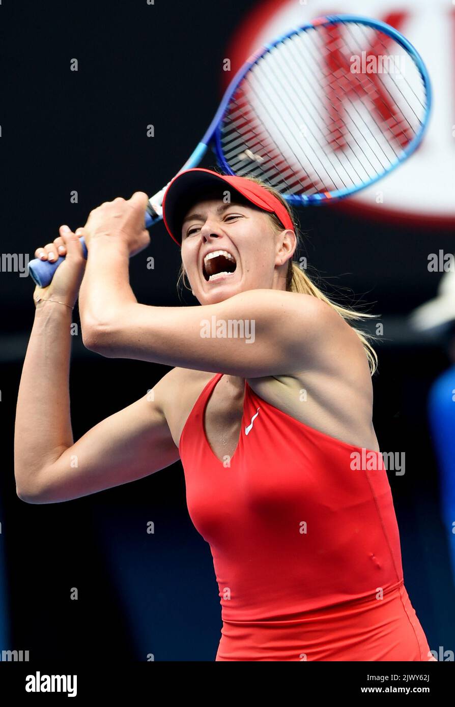 Maria Sharapova of Russia scores match point against Alexandra Panova of  Russia during the Australian Open at Melbourne Park, Melbourne, Wednesday,  Jan. 21, 2015. The Australian Open tennis tournament will go from