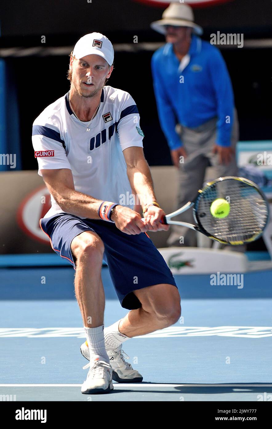 Andreas Seppi of Italy plays Roger Federer of Switzerland during the Australian  Open at Melbourne Park, Melbourne, Friday, Jan. 23, 2015. The Australian  Open tennis tournament will go from the 19th of