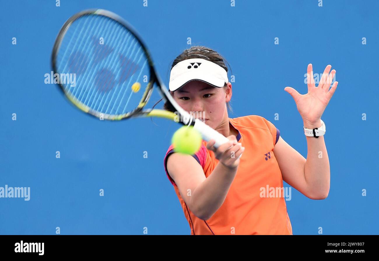Kimika Sakata of Japan plays Dalma Galfi of Hungary during the Australian  Open at Melbourne Park, Melbourne, Sunday, Jan. 25, 2015. The Australian  Open tennis tournament will go from the 19th of