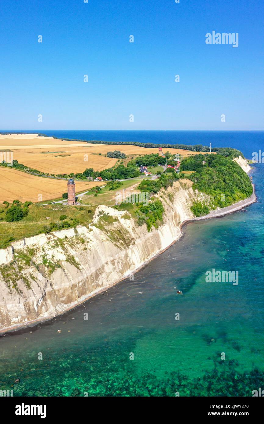 Aerial view of Kap Arkona on Rügen island at the Baltic Sea with lighthouse and chalk cliffs