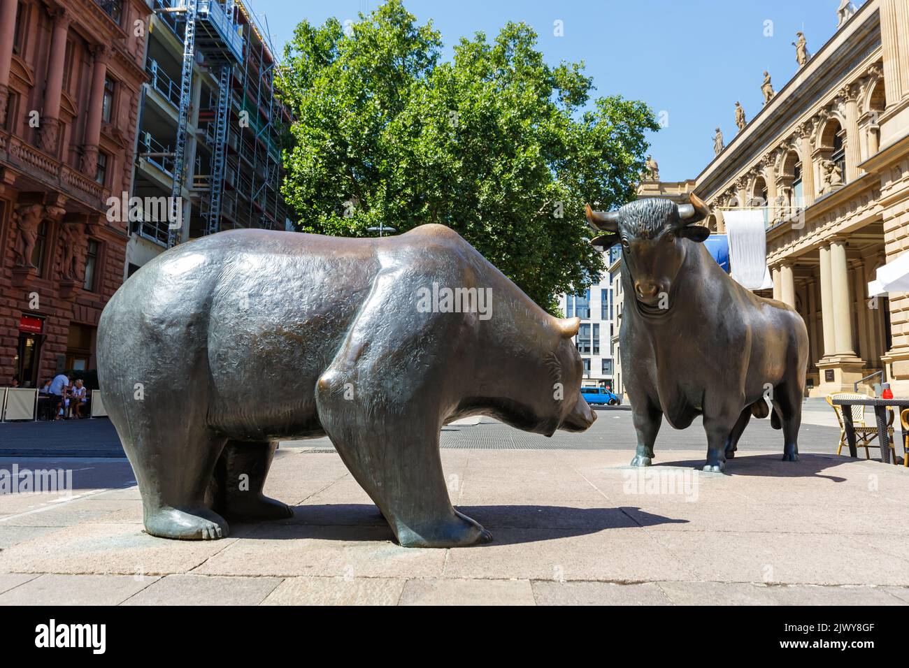 Bull and Bear at Frankfurt Stock Exchange figures in Germany Stock Photo