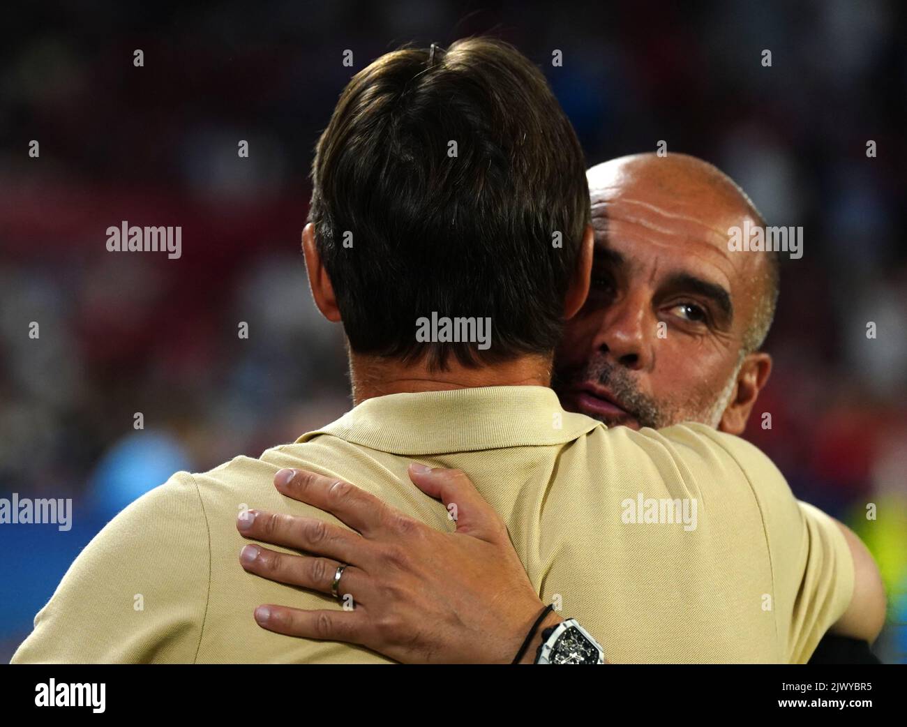 Sevilla manager Julen Lopetegui greets Manchester City manager Pep Guardiola during the UEFA Champions League Group G match at the Ramon Sanchez Pizjuan Stadium in Seville, Spain. Picture date: Tuesday September 6, 2022. Stock Photo