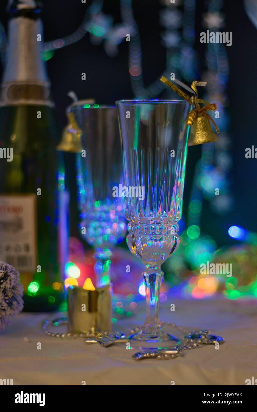 Table with a few glasses of sparkling wine or cava to celebrate Christmas, New Year's Eve Stock Photo