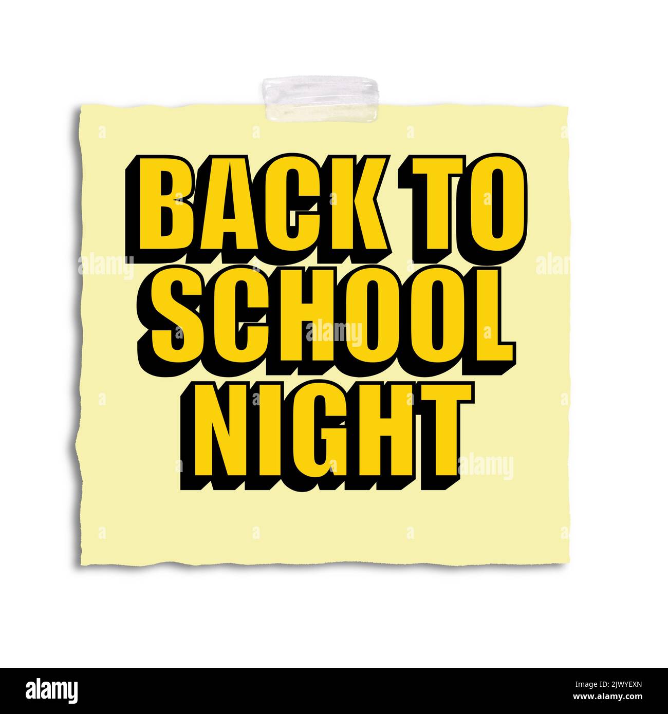 Back to school night yellow memo with tape on white background Stock Photo