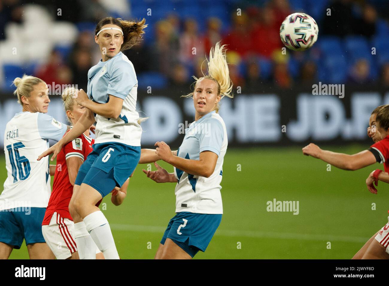 Cardiff, UK. 6th Sep, 2022. Kaja Korošec of Slovenia heads the ball during the Wales v Slovenia Women's World Cup Qualification match. Credit: Gruffydd Thomas/Alamy Live News Stock Photo