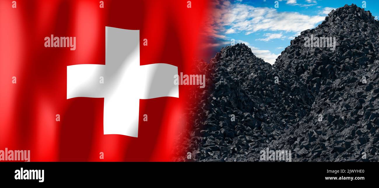 Switzerland - country flag and pile of coal - 3D illustration Stock Photo