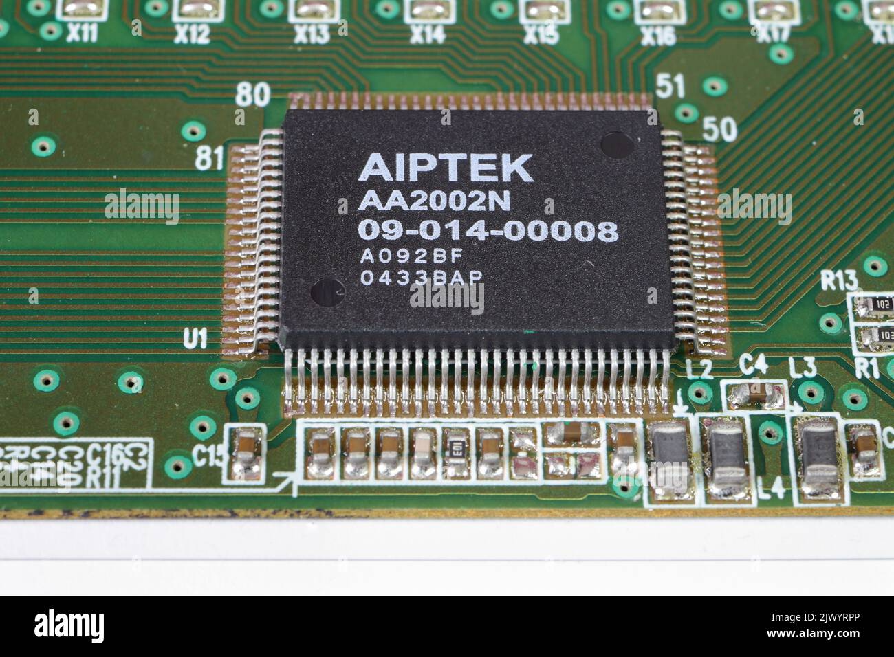 Microprocessor integrated circuit on electronic circuit board Stock Photo