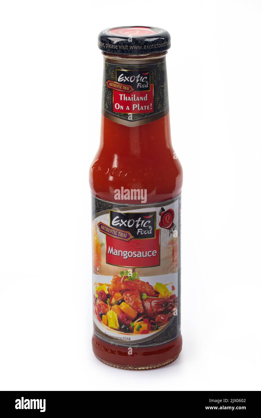 WETZLAR, GERMANY 20220718 Hot Exotic Food Mango Sauce in a Bottle