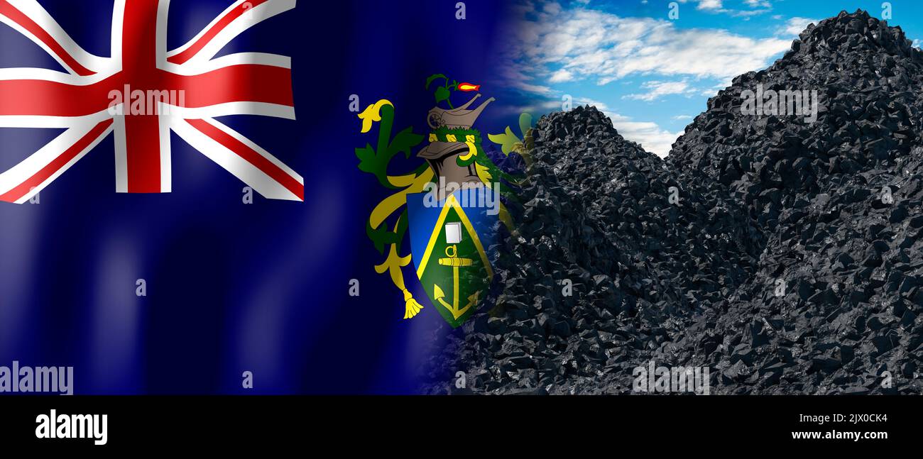 Pitcairn Islands country flag and pile of coal 3D illustration