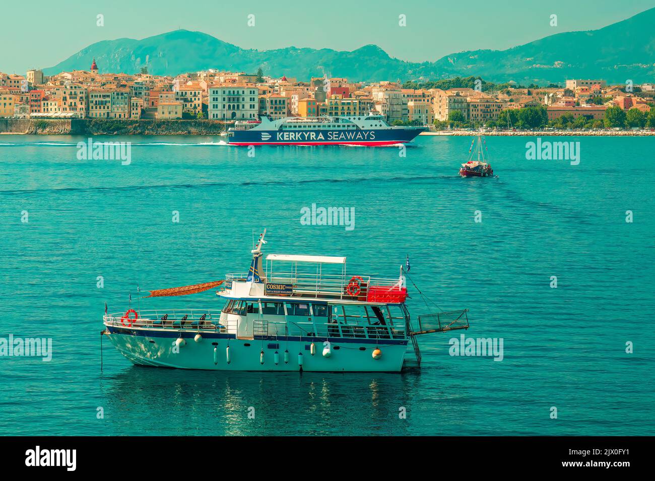 sea views of boats and land in Corfu Stock Photo