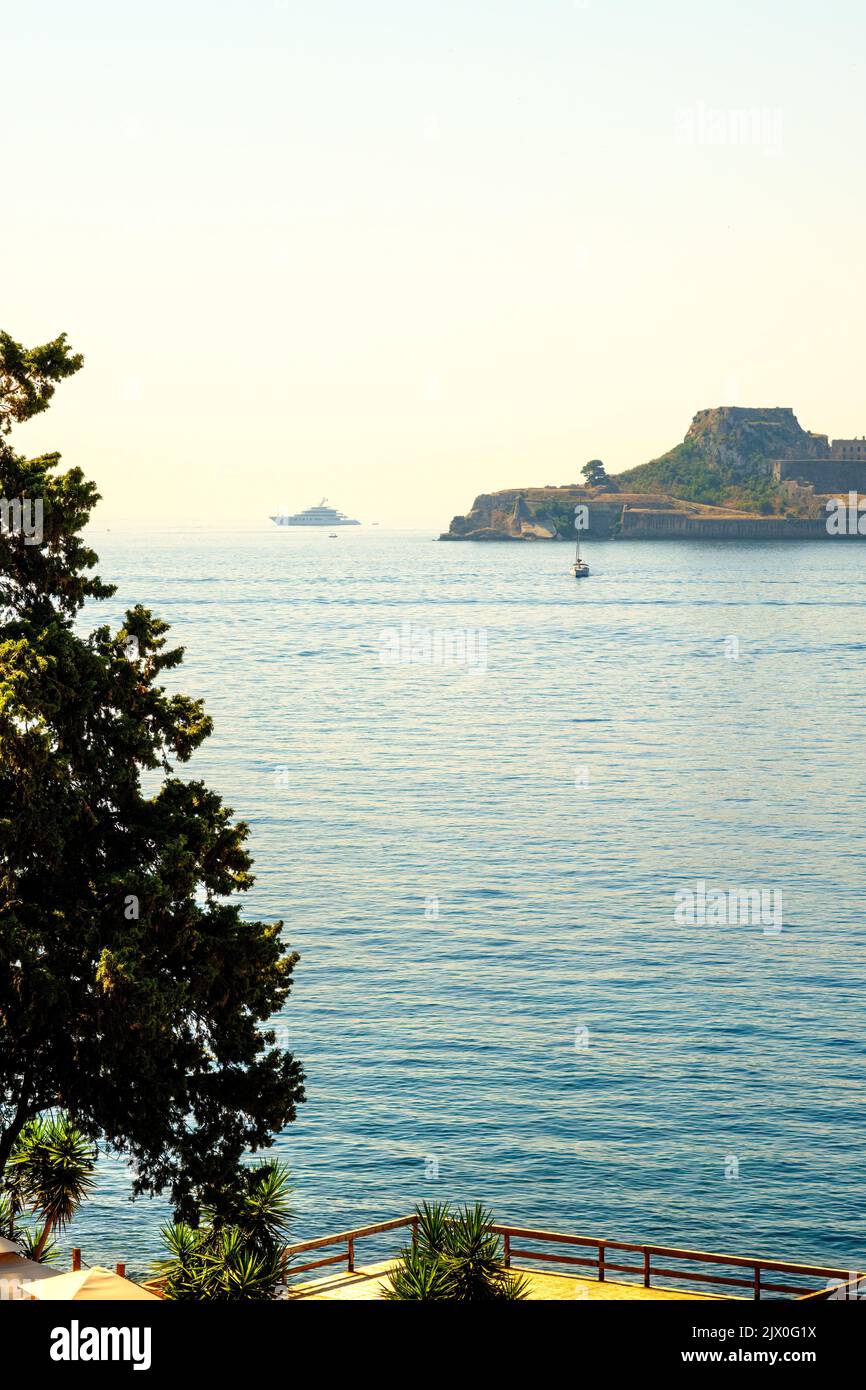sea views of boats and land in Corfu Stock Photo