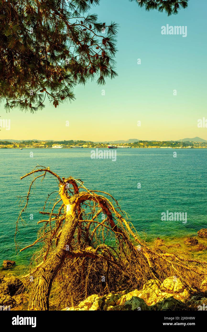 sea views of boats and land in Corfu Stock Photo