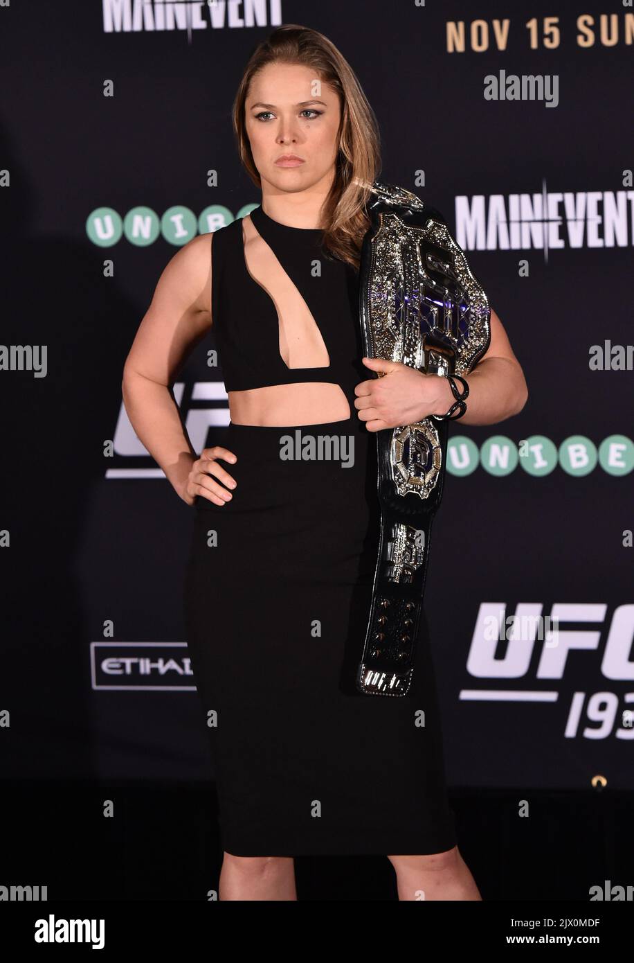Ronda Rousey poses for photos during a media call at Etihad Stadium in ...