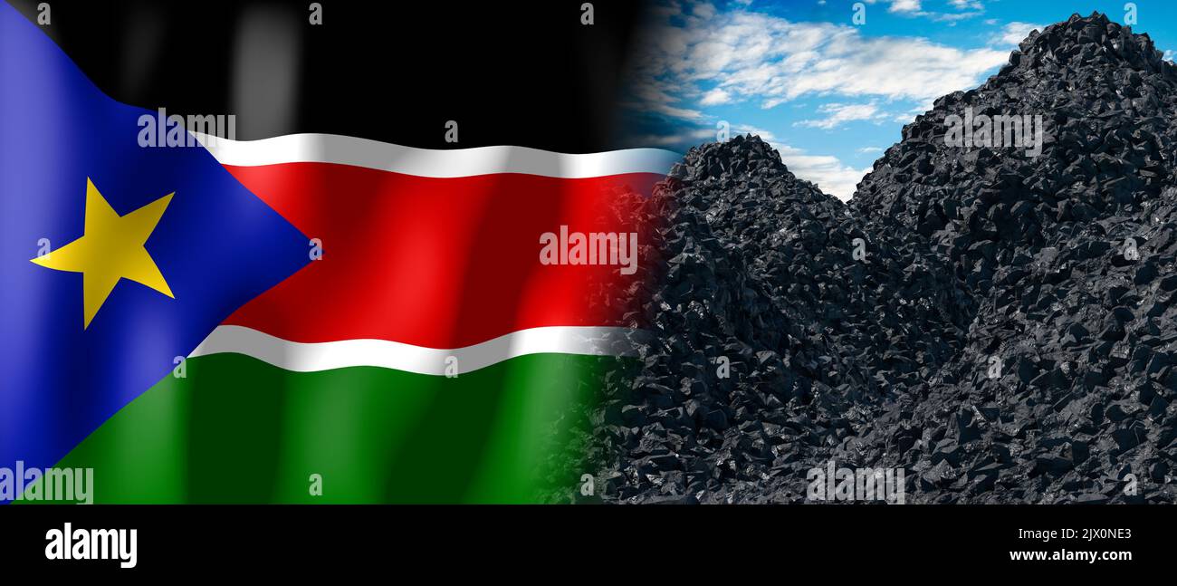 South Sudan - country flag and pile of coal - 3D illustration Stock Photo