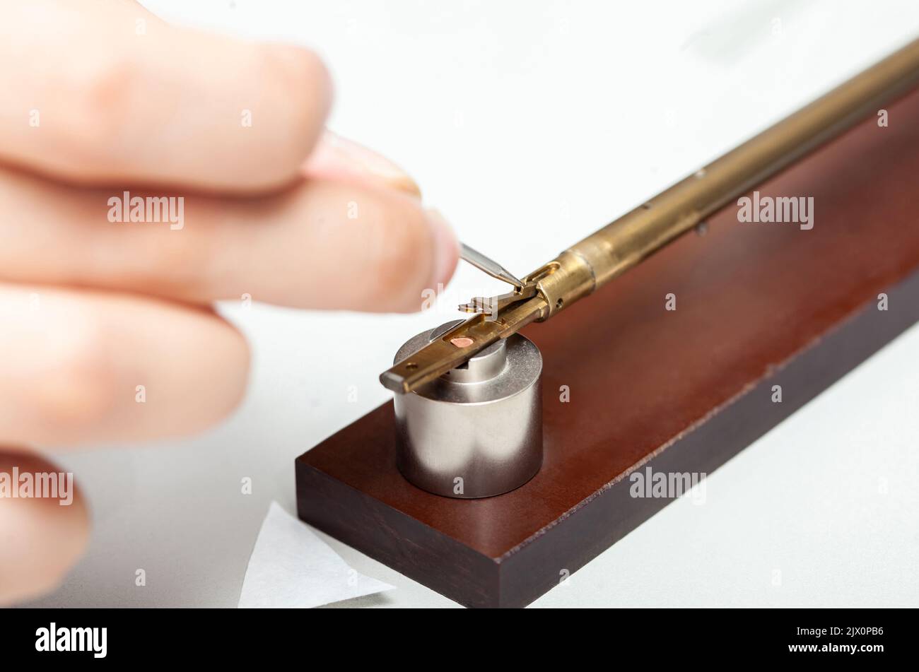 Transmission electron microscope sample holder been loaded with an specimen on a grid Stock Photo