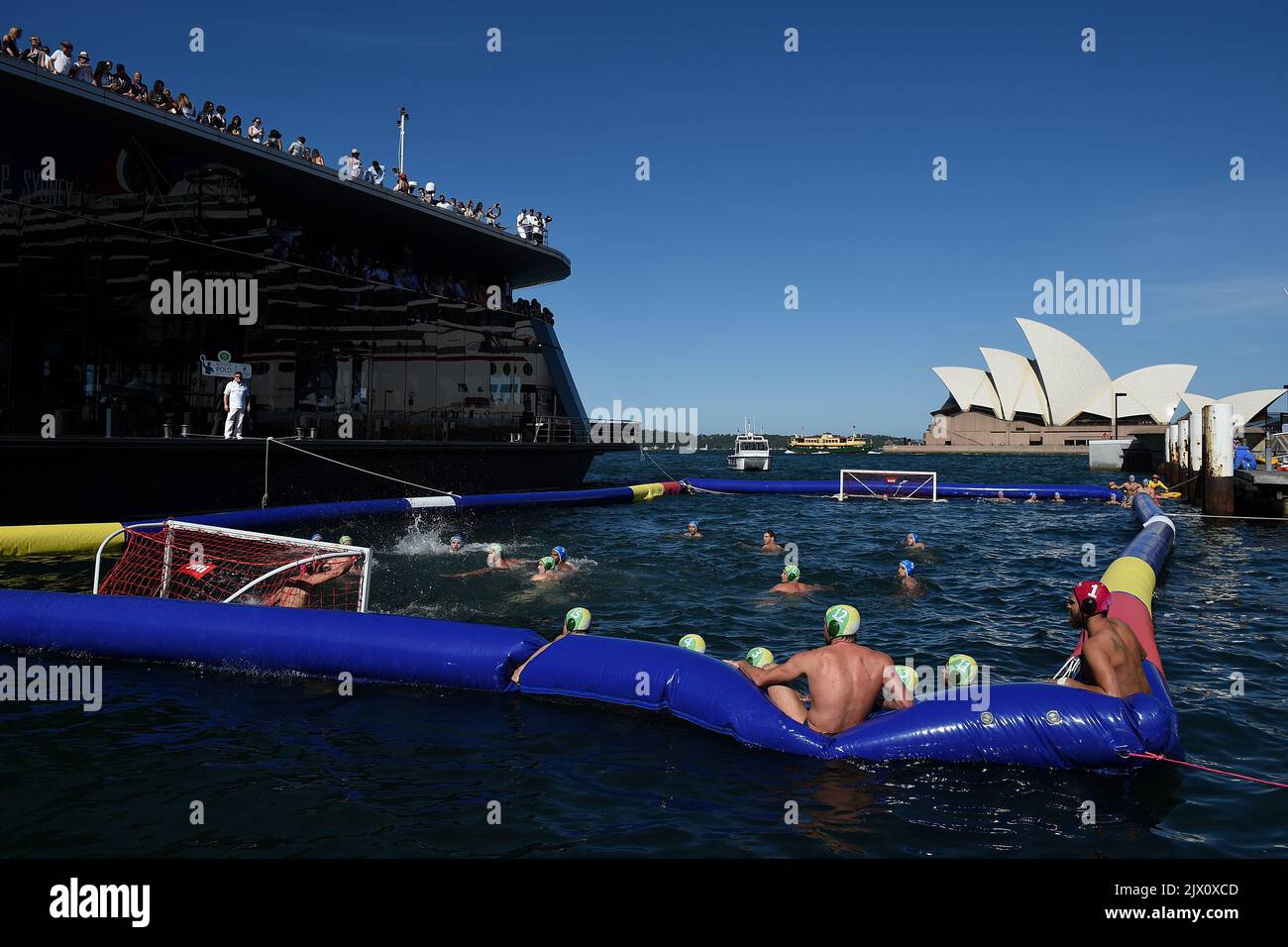 A general view of the Australian and Italian water polo teams during