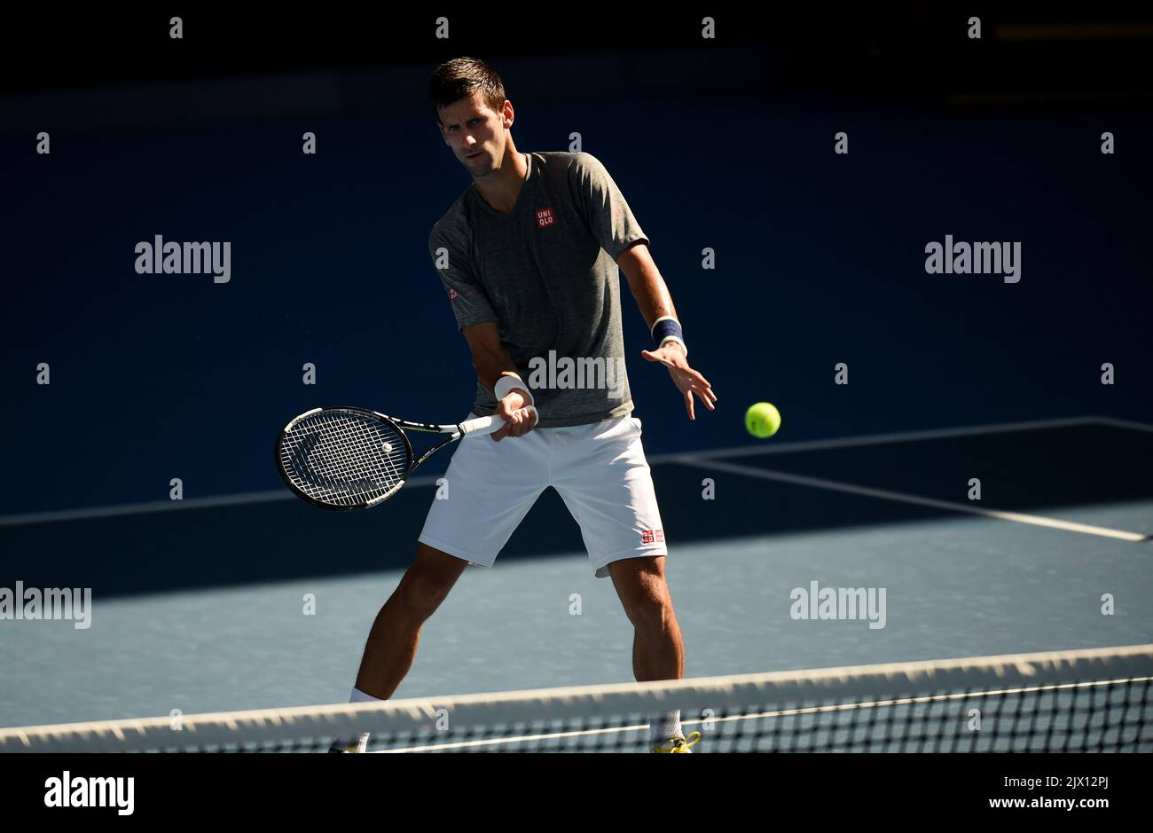 Novak Djokovic of Serbia during a practice session at the Australian Open  at Melbourne Park, in Melbourne, Australia, Sunday, Jan. 17, 2016. The Australian  Open tennis tournament will go from the 18th