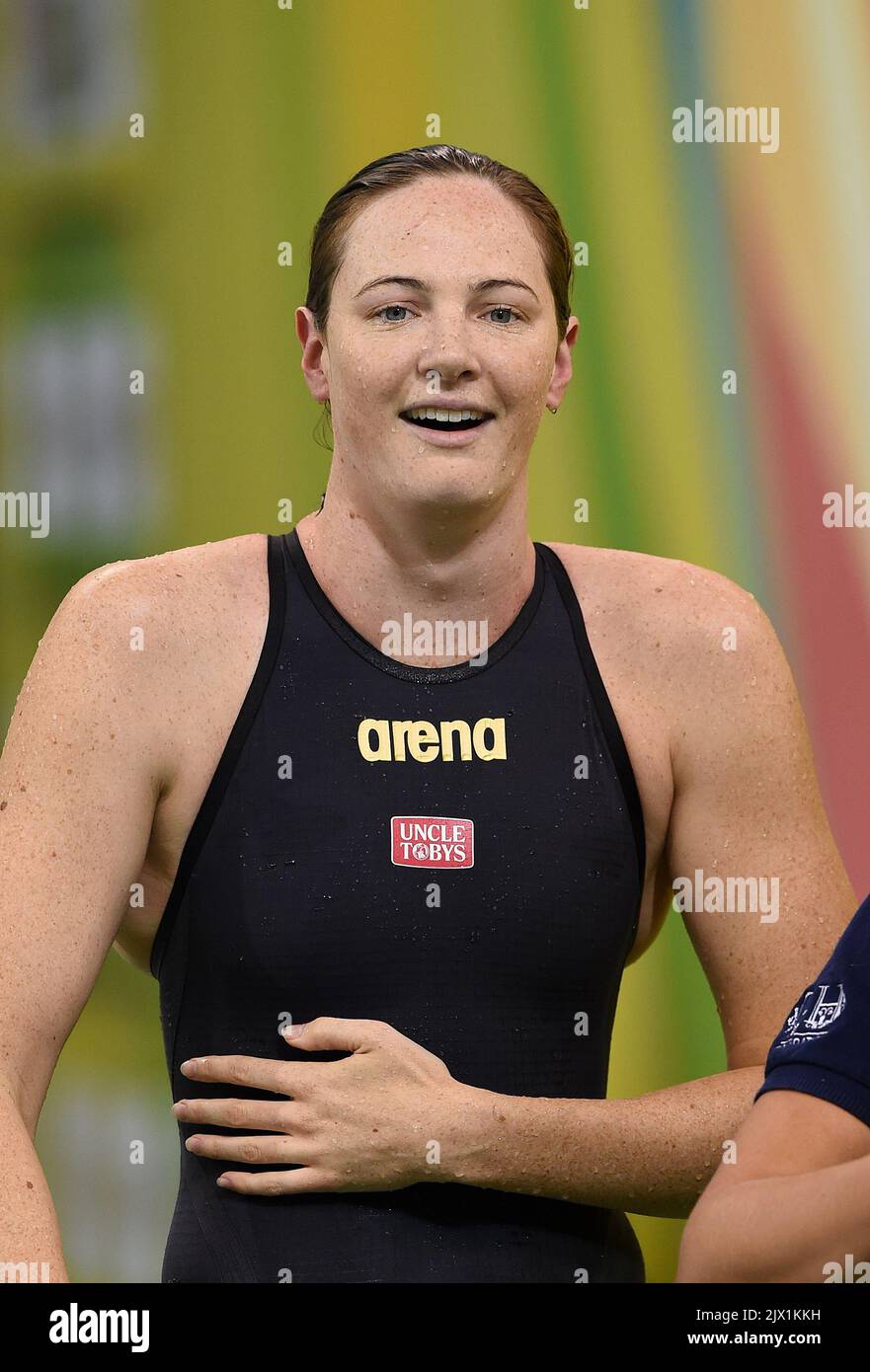 Cate Campbell looks on following the Women's 50m Freestyle Heats on day
